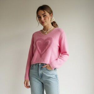 Vintage Twiggy Pink Angora Blend Heart Sweater | XS/S